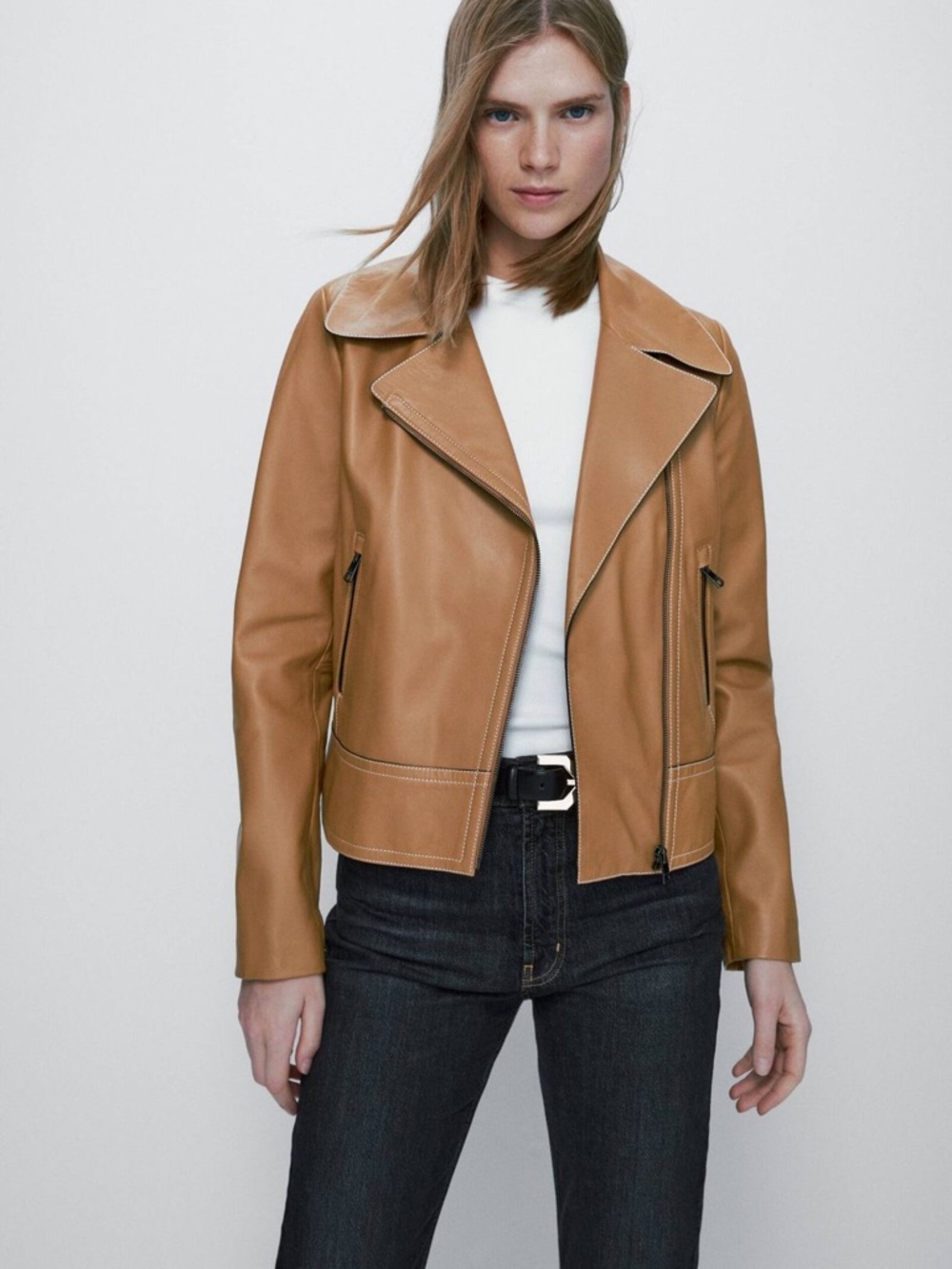 Massimo Dutti Camel Leather Moto Jacket